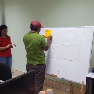 Hombre colocando sus ideas sobre una pizarra
