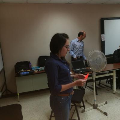 Mujer de pie presentando idea a compañeros