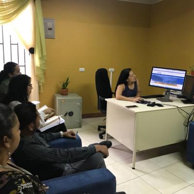 Grupo de personas revisando sitio web en oficina
