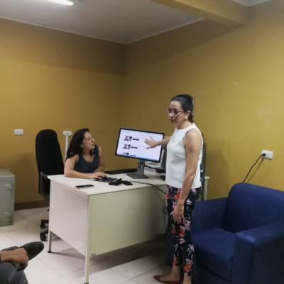 Mujer presentando a compañeros sitio web que se muestra en computadora