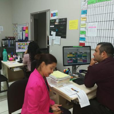 Hombre y mujer revisando folleto y sitio web en escritorio