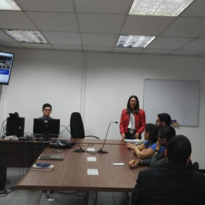 Mujer de pie en sala de reuniones explicando a las demás personas