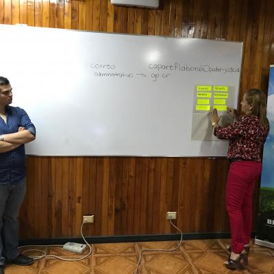 mujer pegando fichas informativas en la pizarra